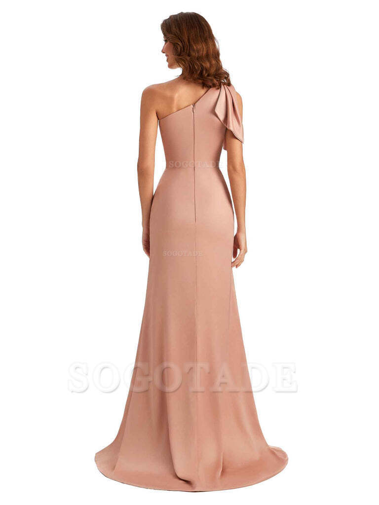 Sexy One Shoulder Mermaid Side Slit Unique Silky Satin Bridesmaid Dresses 