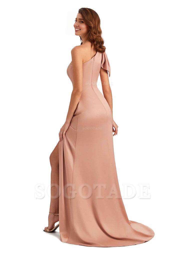 Sexy One Shoulder Mermaid Side Slit Unique Silky Satin Bridesmaid Dresses 