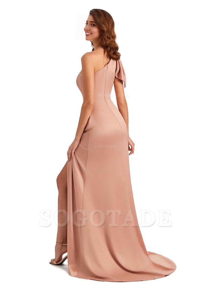 Sexy One Shoulder Mermaid Side Slit Unique Silky Satin Bridesmaid Dresses 