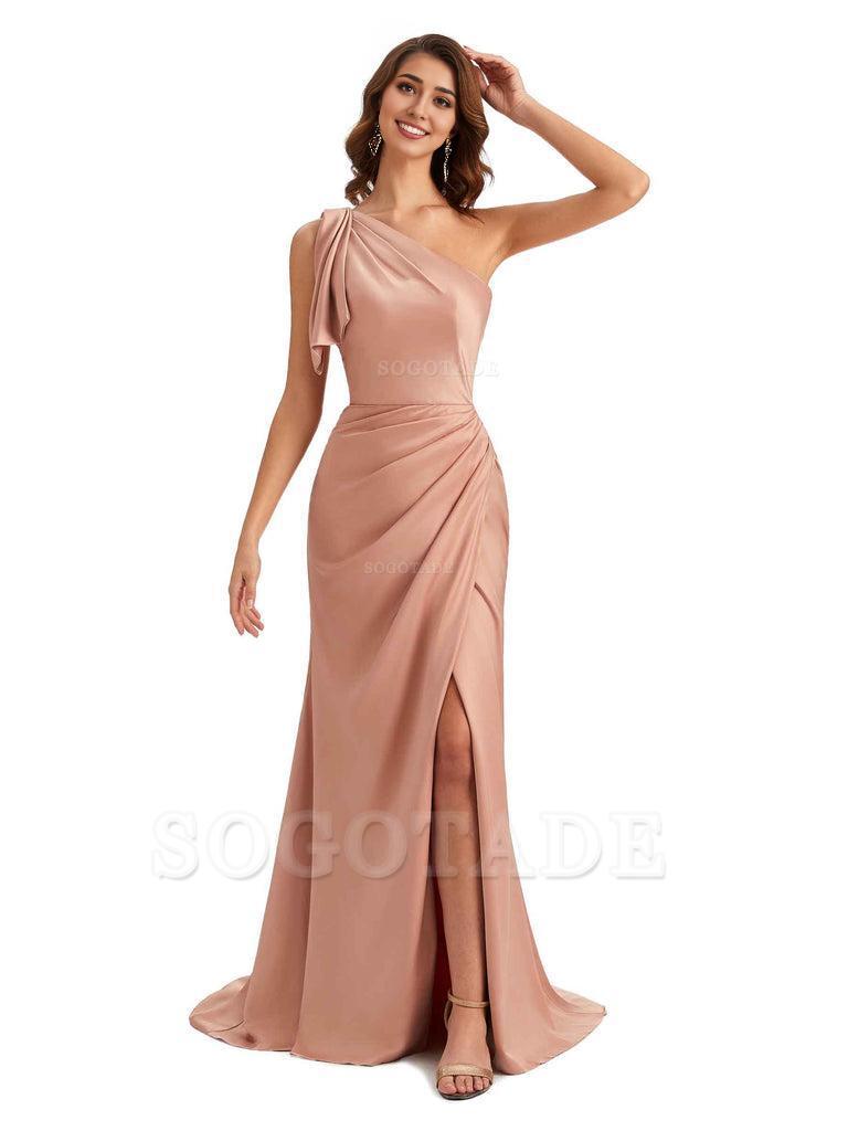 Sexy One Shoulder Mermaid Side Slit Unique Silky Satin Bridesmaid Dresses 