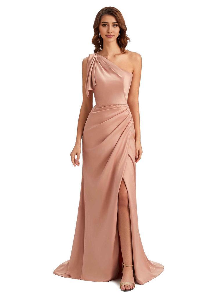 Sexy One Shoulder Mermaid Side Slit Unique Silky Satin Bridesmaid Dresses 