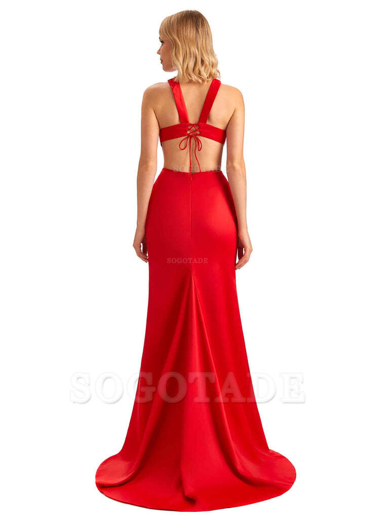 Sexy Side Slit Halter Mermaid Silky Satin Unique Long Formal Wedding Bridesmaid Dresses