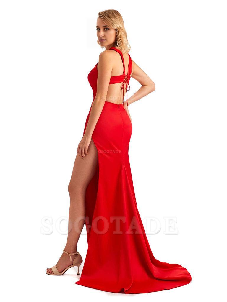 Sexy Side Slit Halter Mermaid Silky Satin Unique Long Formal Wedding Bridesmaid Dresses