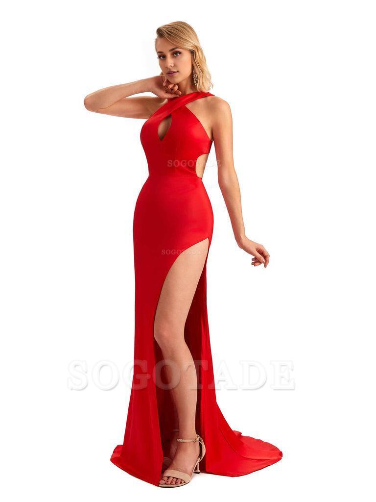Sexy Side Slit Halter Mermaid Silky Satin Unique Long Formal Wedding Bridesmaid Dresses