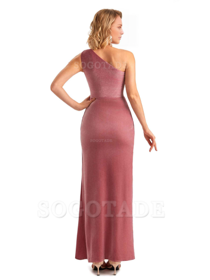  Sexy Side Slit Mermaid One Shoulder Velvet Long Bridesmaid Dresses Online