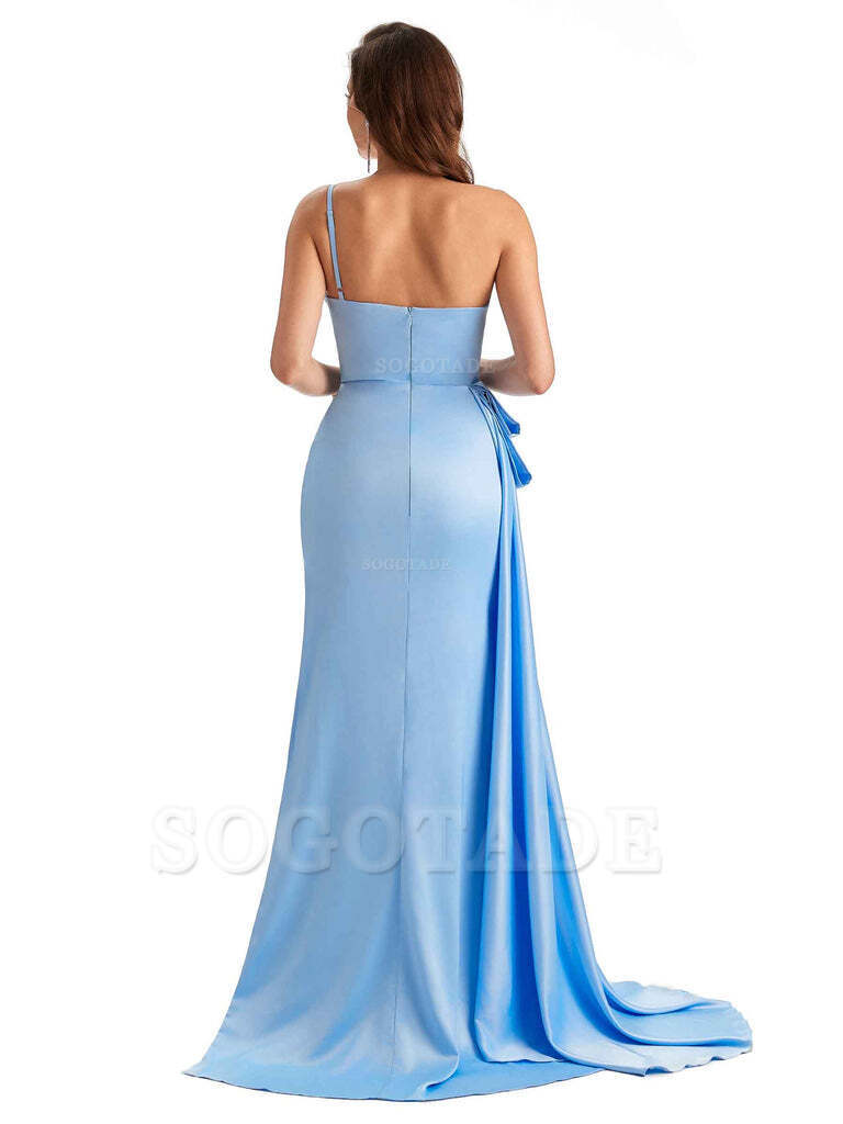 Sexy Side Slit Mermaid Silky Satin One Shoulder Modern Maxi Bridesmaid Dresses