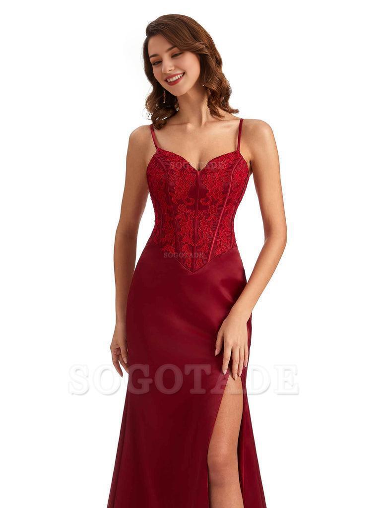 Sexy Side Slit Mermaid Silky Satin V-Neck Lace Unique Long Bridesmaid Dresses