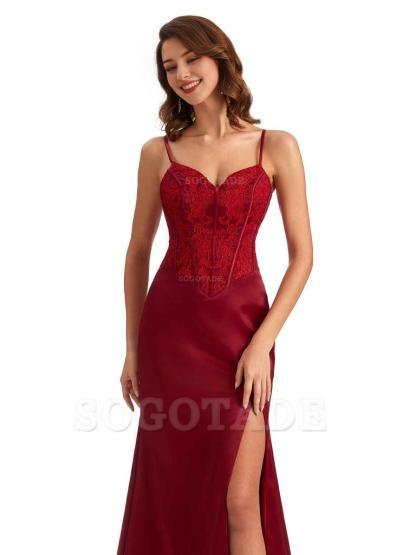 Sexy Side Slit Mermaid Silky Satin V-Neck Lace Unique Long Bridesmaid Dresses