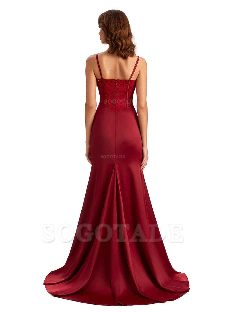 Sexy Side Slit Mermaid Silky Satin V-Neck Lace Unique Long Bridesmaid Dresses