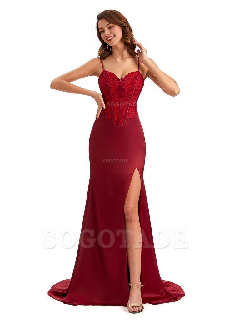 Sexy Side Slit Mermaid Silky Satin V-Neck Lace Unique Long Bridesmaid Dresses