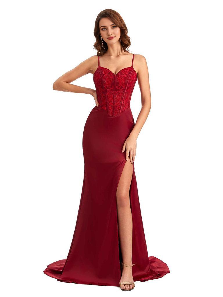 Sexy Side Slit Mermaid Silky Satin V-Neck Lace Unique Long Bridesmaid Dresses