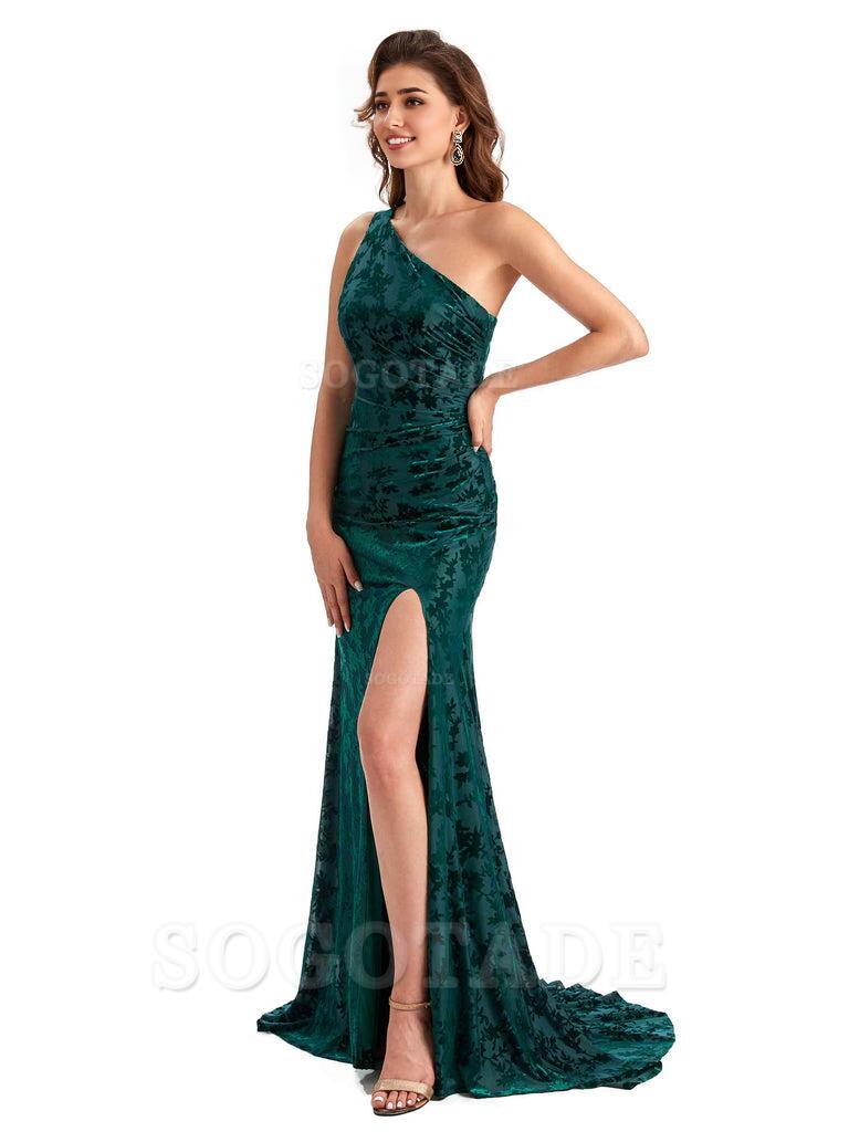 Sexy Side Slit One Shoulder Mermaid Floral Velvet Long Modern Bridesmaid Dresses