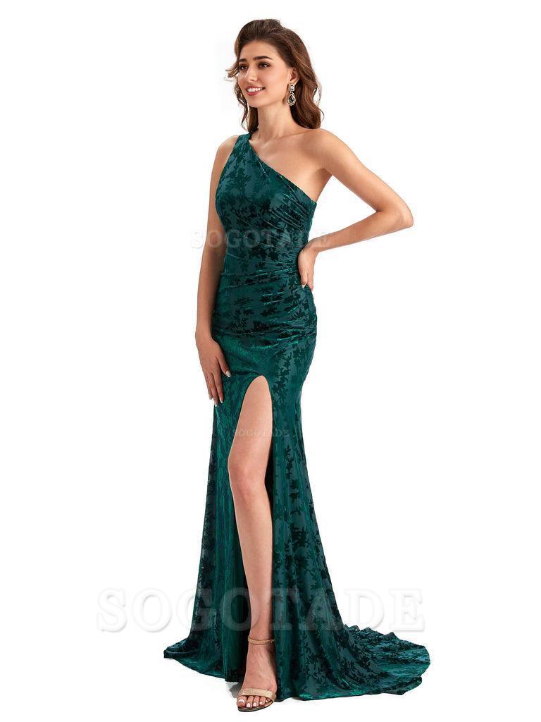Sexy Side Slit One Shoulder Mermaid Floral Velvet Long Modern Bridesmaid Dresses