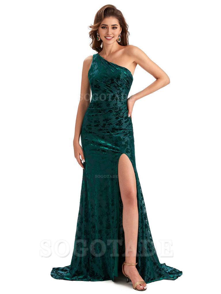 Sexy Side Slit One Shoulder Mermaid Floral Velvet Long Modern Bridesmaid Dresses