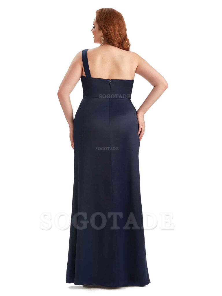Sexy Side Slit One Shoulder Mermaid Long Plus Size Satin Maxi Dresses