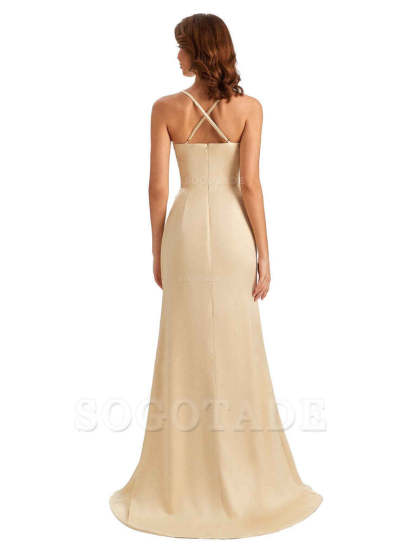 Sexy Side Slit Spaghetti Straps Lace Mermaid Silky Satin Wedding Guest Dresses
