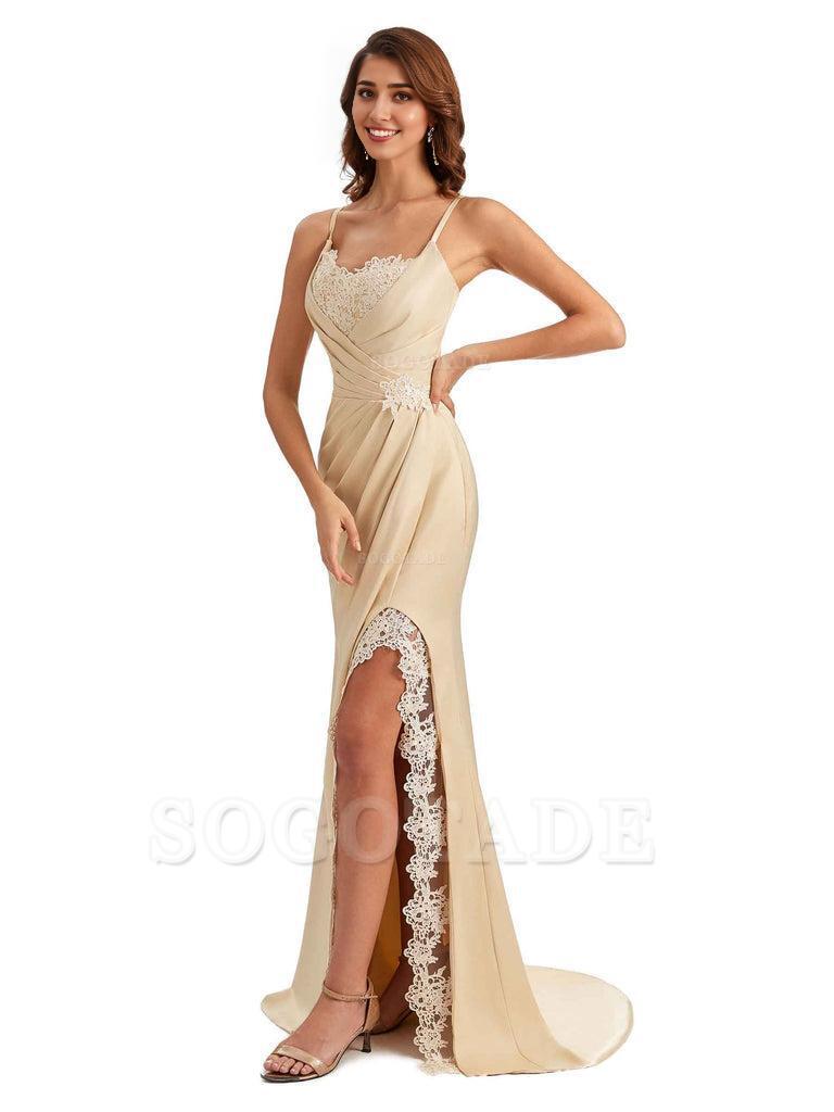 Sexy Side Slit Spaghetti Straps Lace Mermaid Silky Satin Wedding Guest Dresses