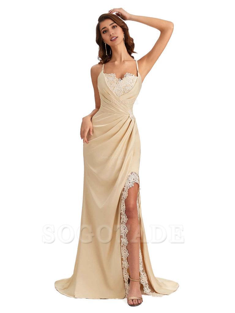 Sexy Side Slit Spaghetti Straps Lace Mermaid Silky Satin Wedding Guest Dresses