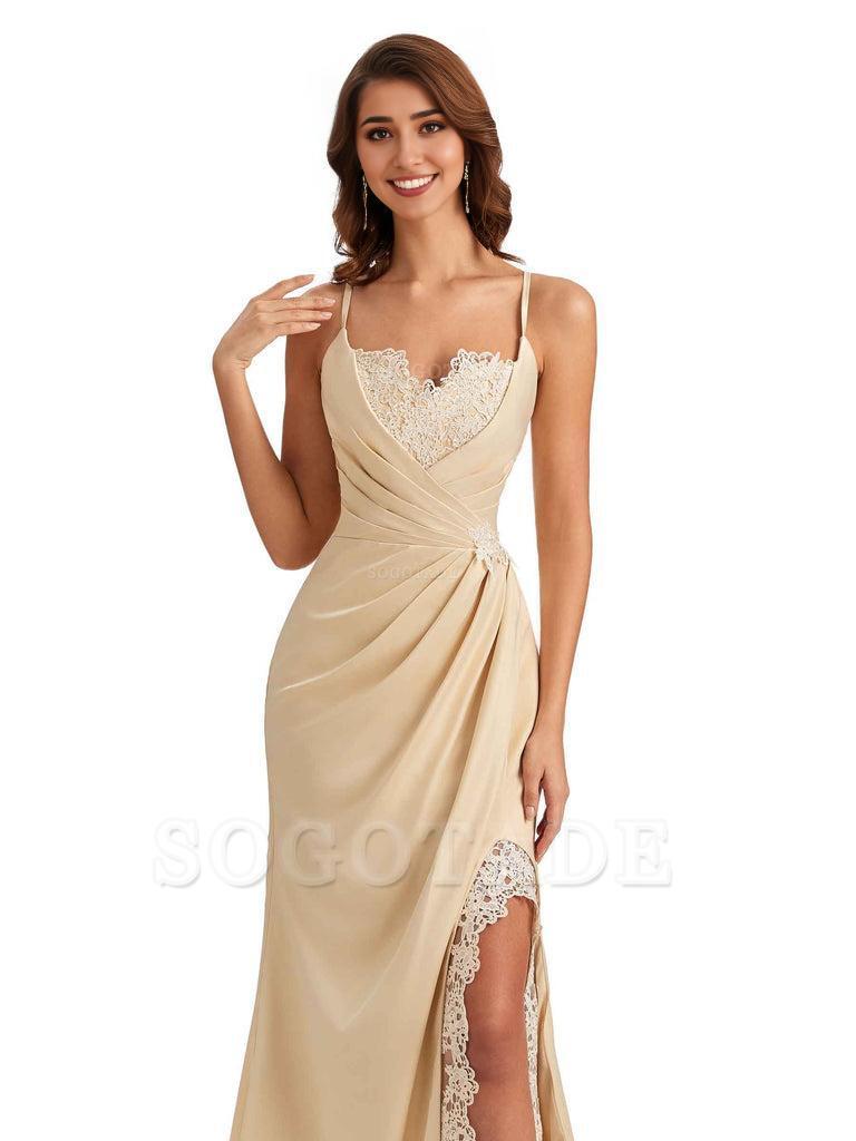 Sexy Side Slit Spaghetti Straps Lace Mermaid Silky Satin Wedding Guest Dresses