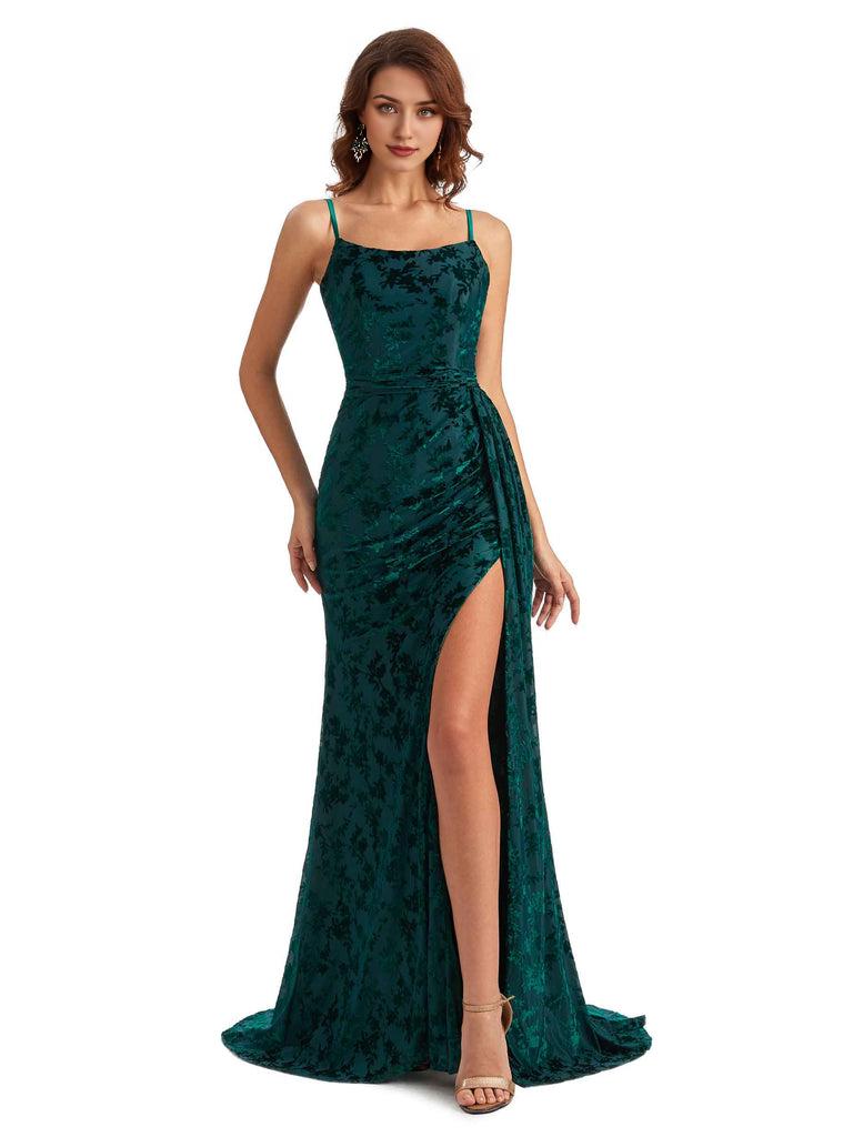 Sexy Side Slit Spaghetti Straps Mermaid Floral Velvet Long Wedding Guest Dresses