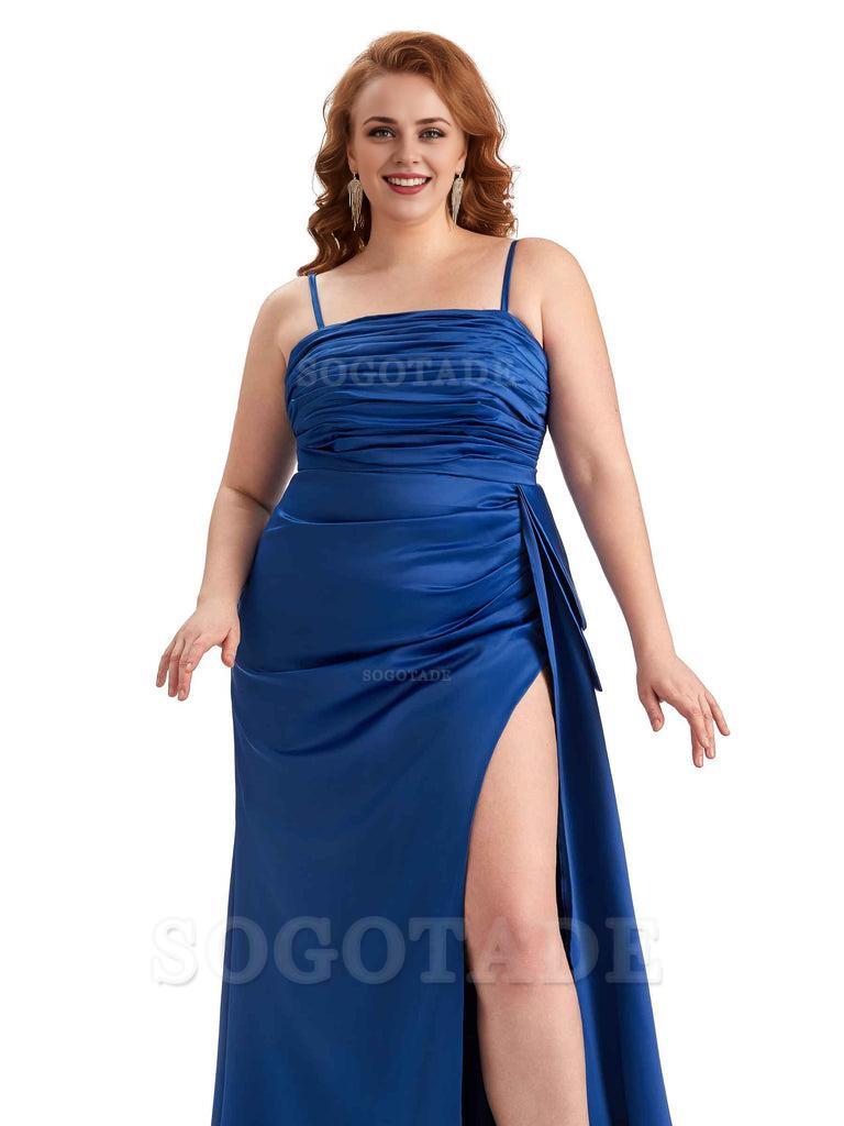 Sexy Side Slit Spaghetti Straps Mermaid Soft Satin Long Plus Size Bridesmaid Dresses Online