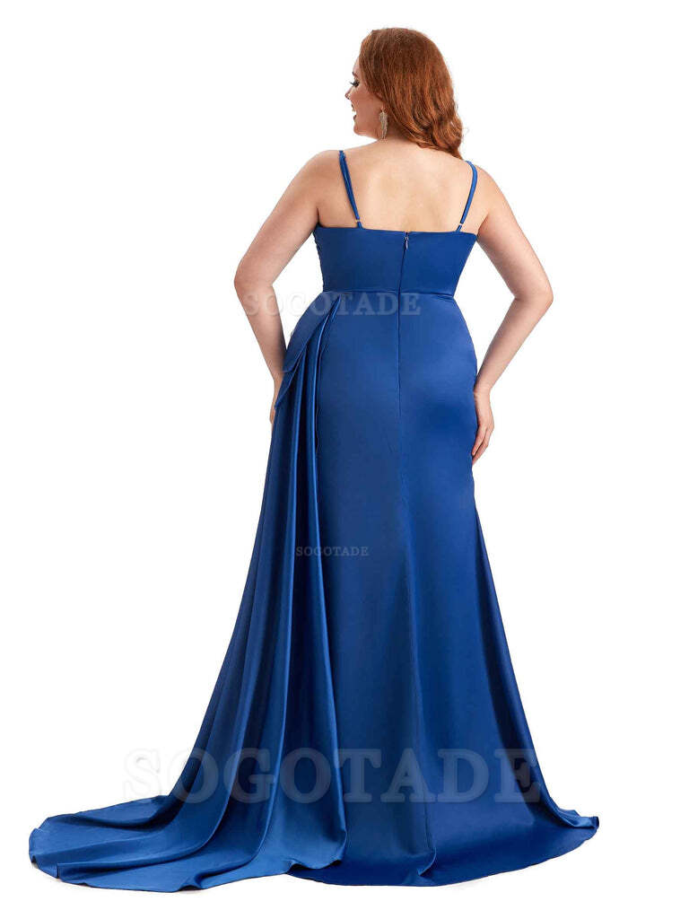 Sexy Side Slit Spaghetti Straps Mermaid Soft Satin Long Plus Size Bridesmaid Dresses Online