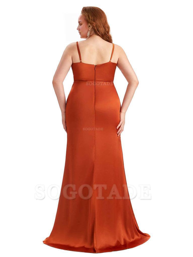 Sexy Side Slit Spaghetti Straps Mermaid Soft Satin Fashion Bridesmaid Dresses