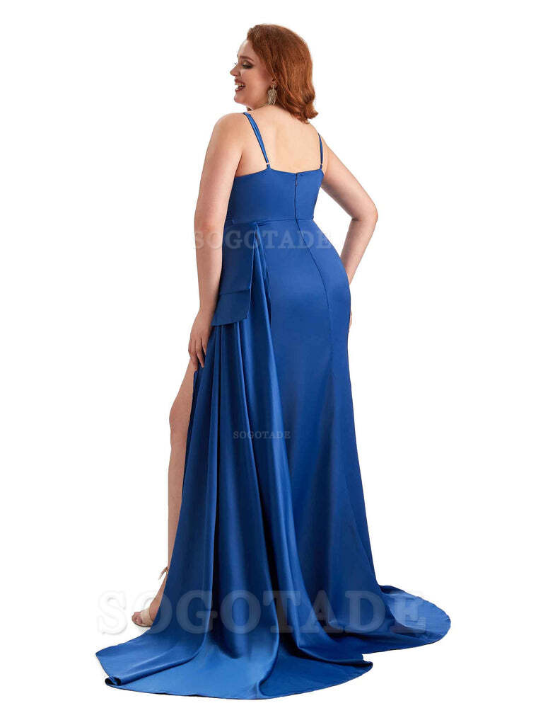 Sexy Side Slit Spaghetti Straps Mermaid Soft Satin Long Plus Size Bridesmaid Dresses Online