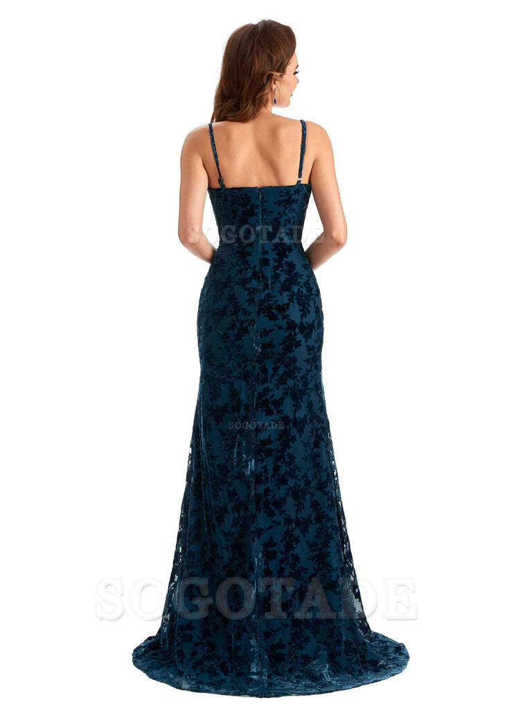 Sexy Side Slit Spaghetti Straps V-Neck Mermaid Floral Velvet Long Bridesmaid Dresses
