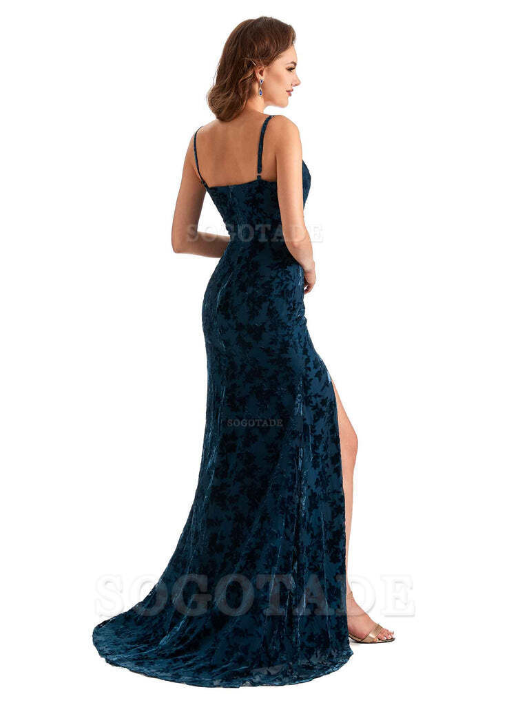 Sexy Side Slit Spaghetti Straps V-Neck Mermaid Floral Velvet Long Bridesmaid Dresses