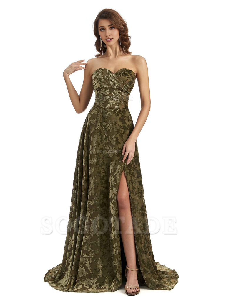 Sexy Side Slit Strapless Floral Velvet Sweetheart Long Bridesmaid Dresses