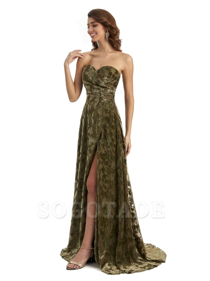 Sexy Side Slit Strapless Floral Velvet Sweetheart Long Bridesmaid Dresses