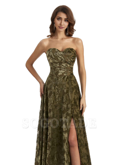 Sexy Side Slit Strapless Floral Velvet Sweetheart Long Bridesmaid Dresses