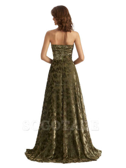 Sexy Side Slit Strapless Floral Velvet Sweetheart Long Bridesmaid Dresses