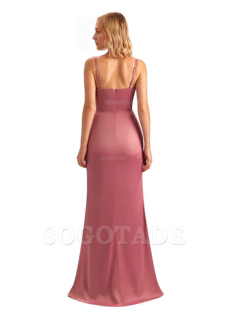 Sexy Side Slit V-Neck Mermaid Silky Satin Unique Long Formal Ladies Bridesmaid Dresses