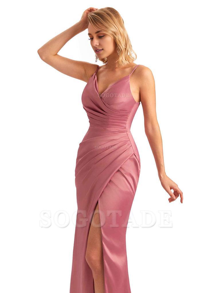 Sexy Side Slit V-Neck Mermaid Silky Satin Unique Long Formal Ladies Bridesmaid Dresses