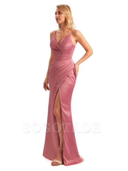 Sexy Side Slit V-Neck Mermaid Silky Satin Unique Long Formal Ladies Bridesmaid Dresses