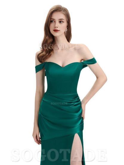 Sexy Soft Satin Side Hight Slit Off The Shoulder Floor-Length Mermaid Bridesmaid Dresses