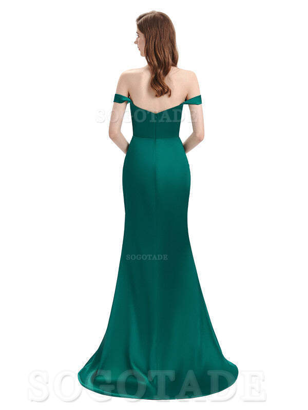 Sexy Soft Satin Side Hight Slit Off The Shoulder Floor-Length Mermaid Bridesmaid Dresses