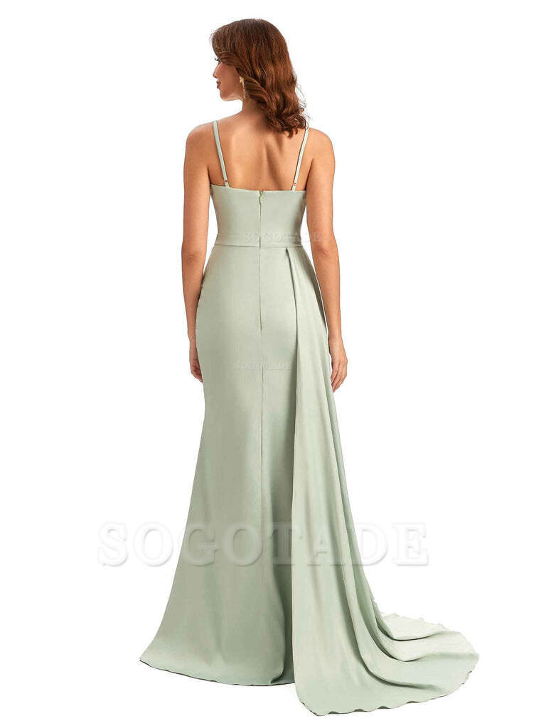 Sexy Spaghetti Straps Side Slit Mermaid Unique Long Bridesmaid Dresses In Satin