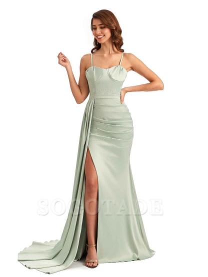 Sexy Spaghetti Straps Side Slit Mermaid Unique Long Bridesmaid Dresses In Satin