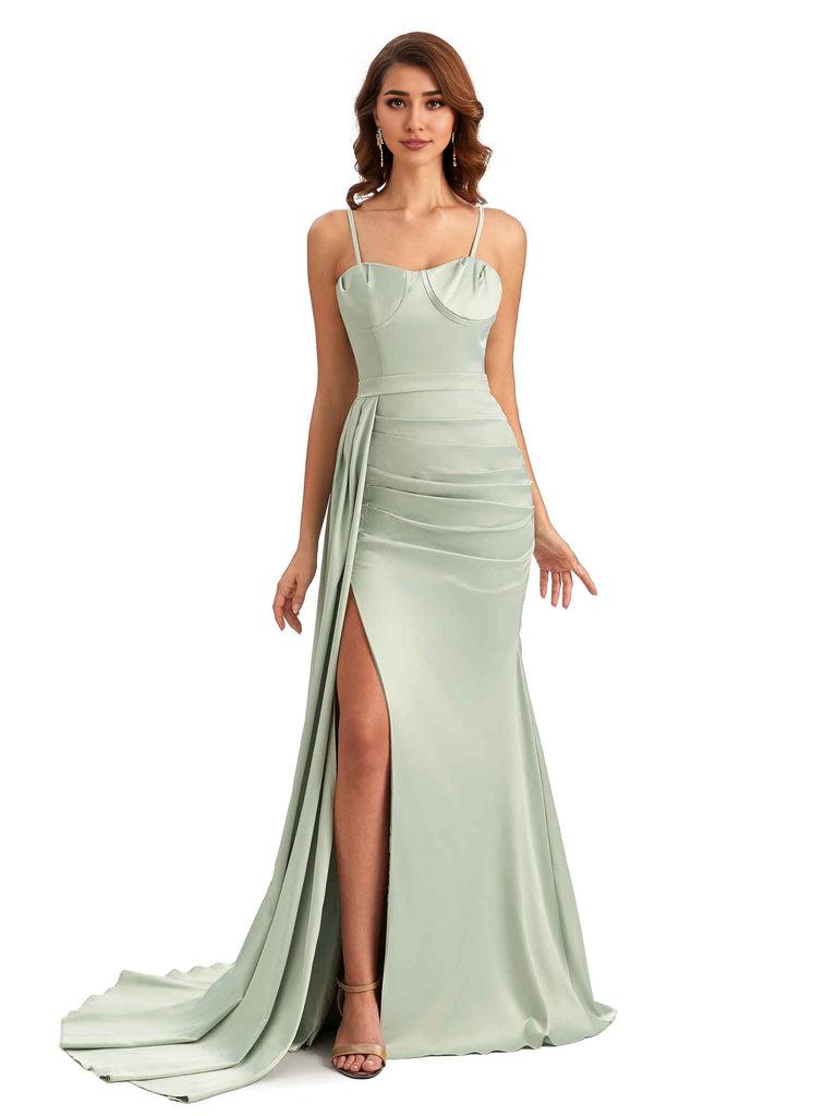 Sexy Spaghetti Straps Side Slit Mermaid Unique Long Bridesmaid Dresses In Satin