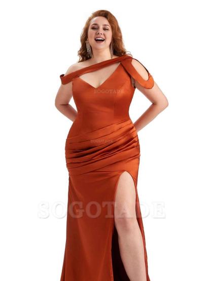 Sexy V-Neck Side Slit Unique Mermaid Soft Satin Long Plus Size Bridesmaid Dress For Wedding