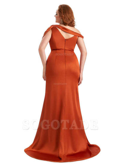 Sexy V-Neck Side Slit Unique Mermaid Soft Satin Long Plus Size Bridesmaid Dress For Wedding