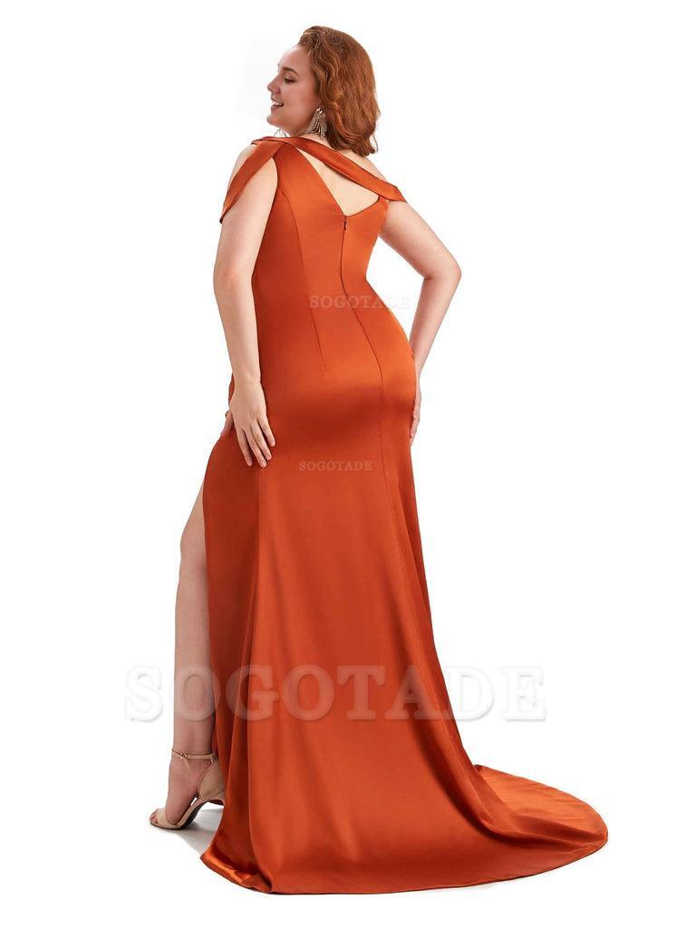 Sexy V-Neck Side Slit Unique Mermaid Soft Satin Long Plus Size Bridesmaid Dress For Wedding
