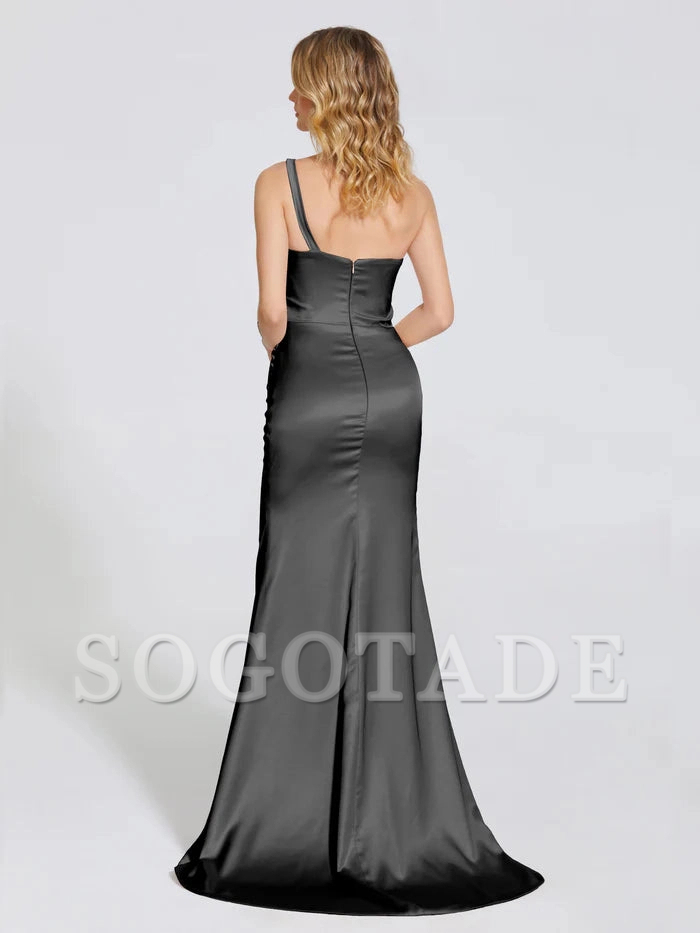 Shoulder strap horn soft satin and floor length bridesmaid dress
