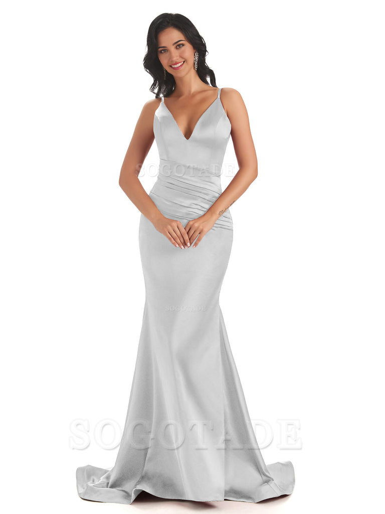 Mermaid Spaghetti V-Neck Straps Satin Long formal dresses evening gown Bridesmaid Dresses With Side Slit 