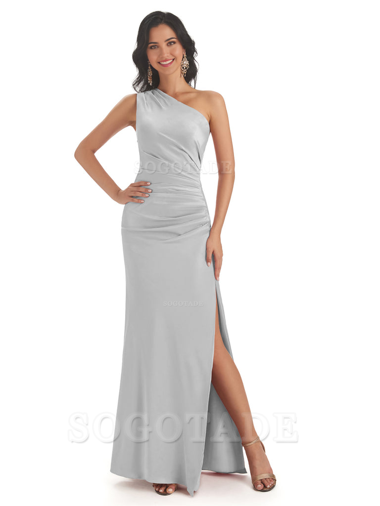 Mermaid One Shoulder Satin formal dresses evening gown Bridesmaid Dresses With Side Slit 