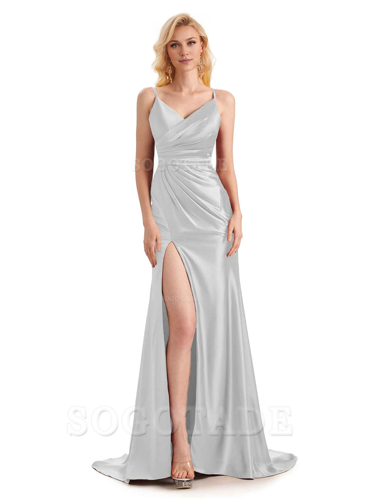 Sexy Charming Side Slit V-Neck Pleated Spaghetti Straps Backless Satin Bridesmaid Dresses Formal Women's Dresses Wedding Guests Dresses
