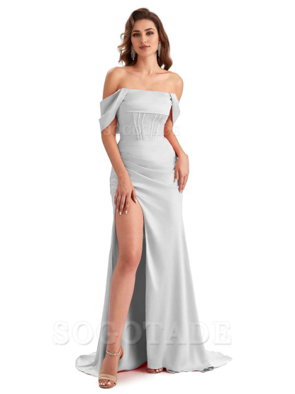 Sexy Side Slit Mermaid Soft Satin Off The Shoulder Unique Long Wedding Attendee Dresses